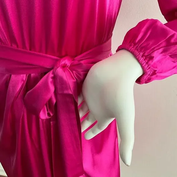 New 97% Silk Faux Wrap Elegant Vibrant Pink Taylor Tillman Long Sleeve Dress M - Picture 6 of 10
